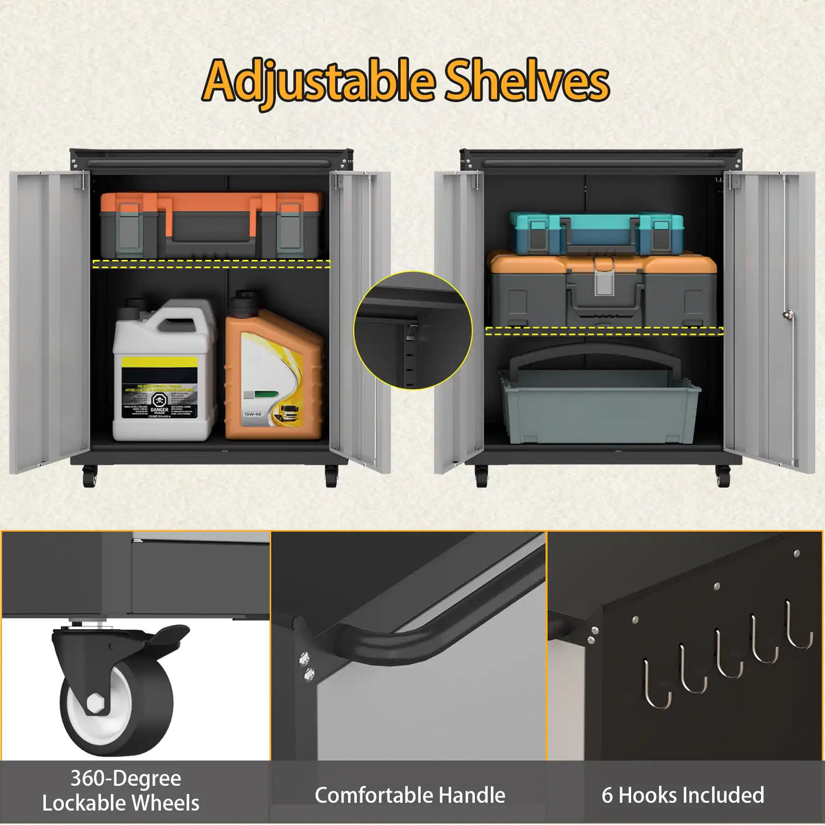 Greatmeet Modular Garage Cabinets System, 3-Piece Metal Lockable Storage Cabinet with Rolling Tool Cart & Wall Cabinet
