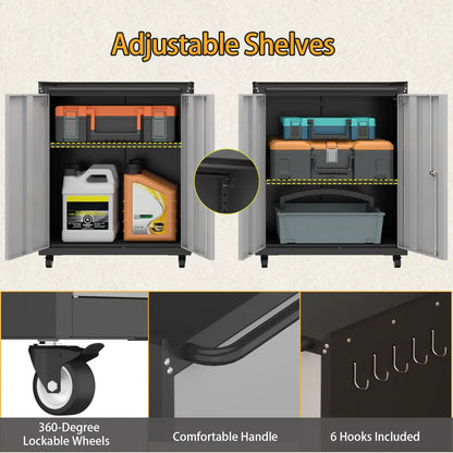 Greatmeet Modular Garage Cabinets System, 3-Piece Metal Lockable Storage Cabinet with Rolling Tool Cart & Wall Cabinet