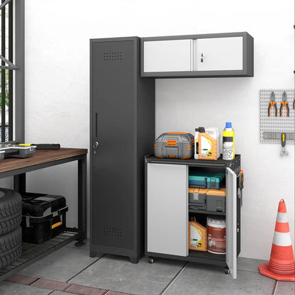 Greatmeet Modular Garage Cabinets System, 3-Piece Metal Lockable Storage Cabinet with Rolling Tool Cart & Wall Cabinet