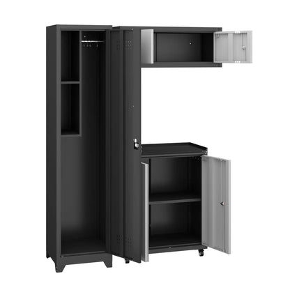 Greatmeet Modular Garage Cabinets System, 3-Piece Metal Lockable Storage Cabinet with Rolling Tool Cart & Wall Cabinet