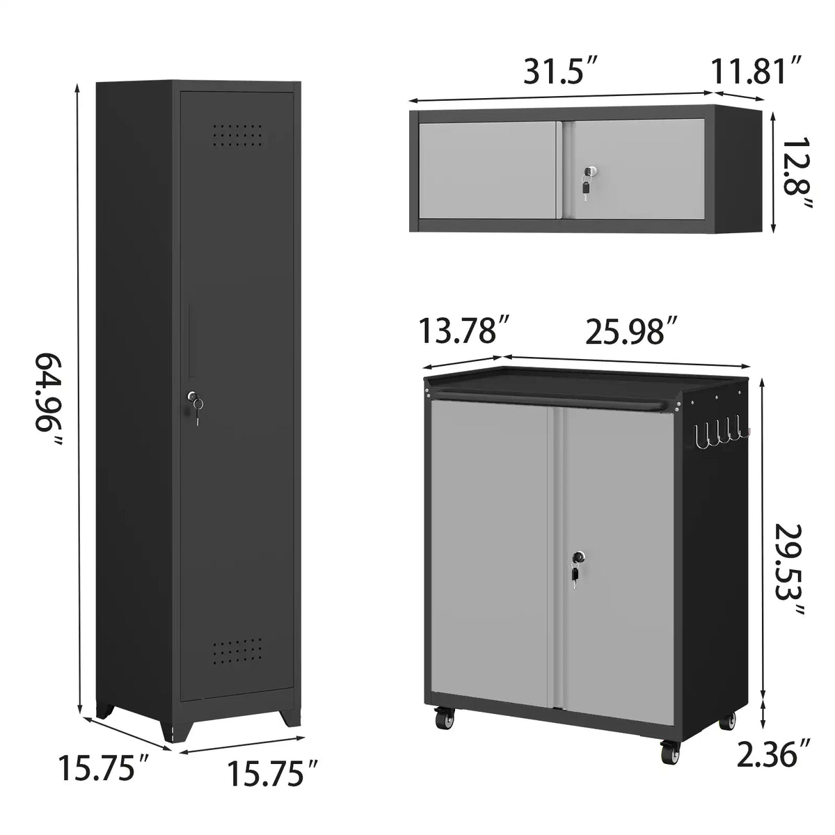 Greatmeet Modular Garage Cabinets System, 3-Piece Metal Lockable Storage Cabinet with Rolling Tool Cart & Wall Cabinet