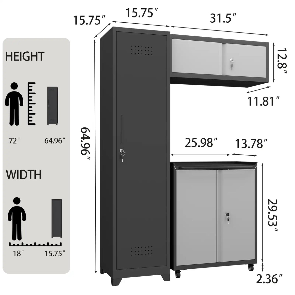 Greatmeet Modular Garage Cabinets System, 3-Piece Metal Lockable Storage Cabinet with Rolling Tool Cart & Wall Cabinet