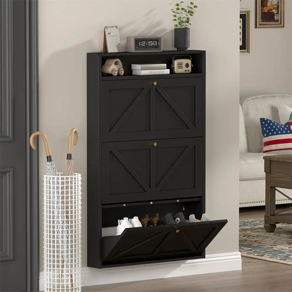 Shoe Cabinet with 2 Flip Drawers, Narrow Shoe Storage Organizer for Entryway and Hallway, Space-Saving Freestanding Shoe Rack
