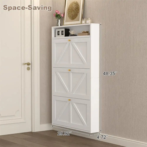 Shoe Cabinet with 2 Flip Drawers, Narrow Shoe Storage Organizer for Entryway and Hallway, Space-Saving Freestanding Shoe Rack