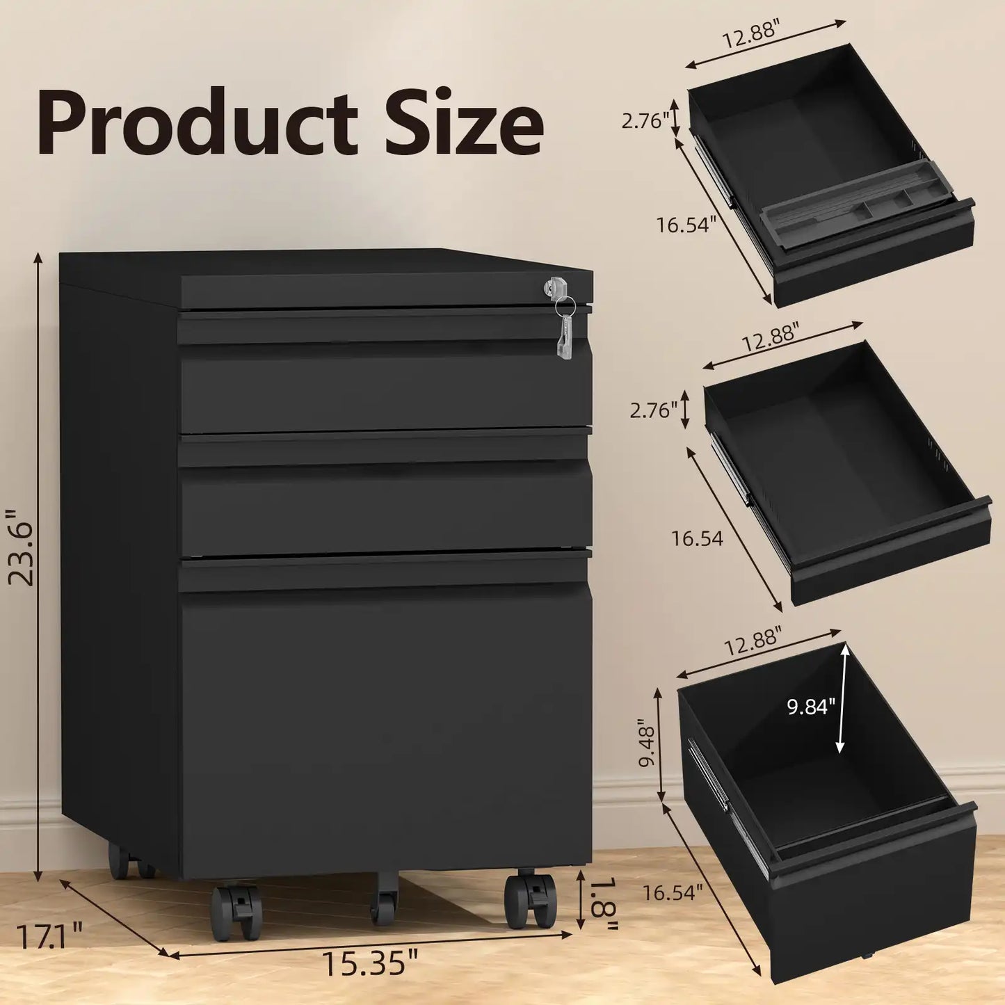 3 Drawer Metal Mobile File Cabinet with Lock 11 #black