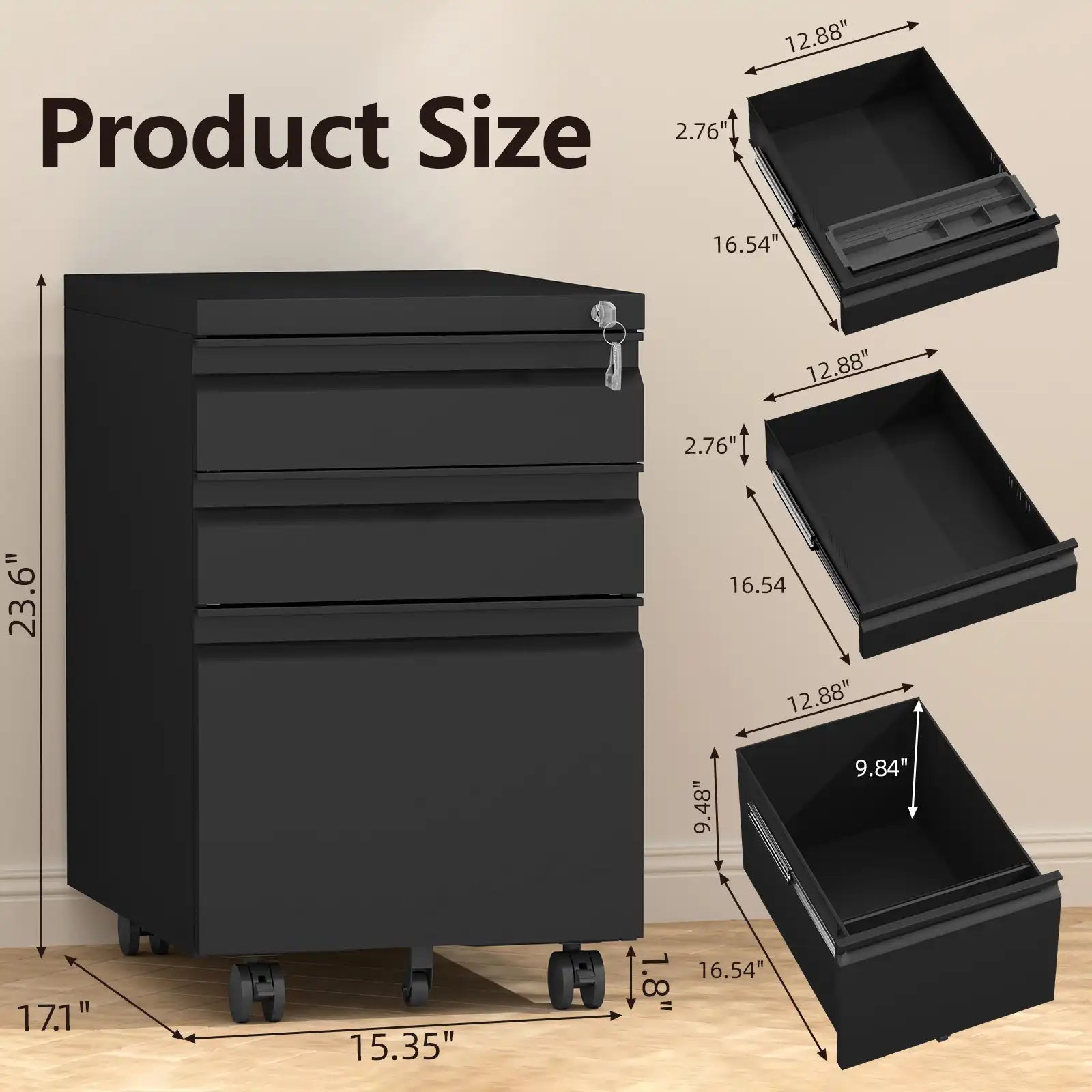 3 Drawer Metal Mobile File Cabinet with Lock 11