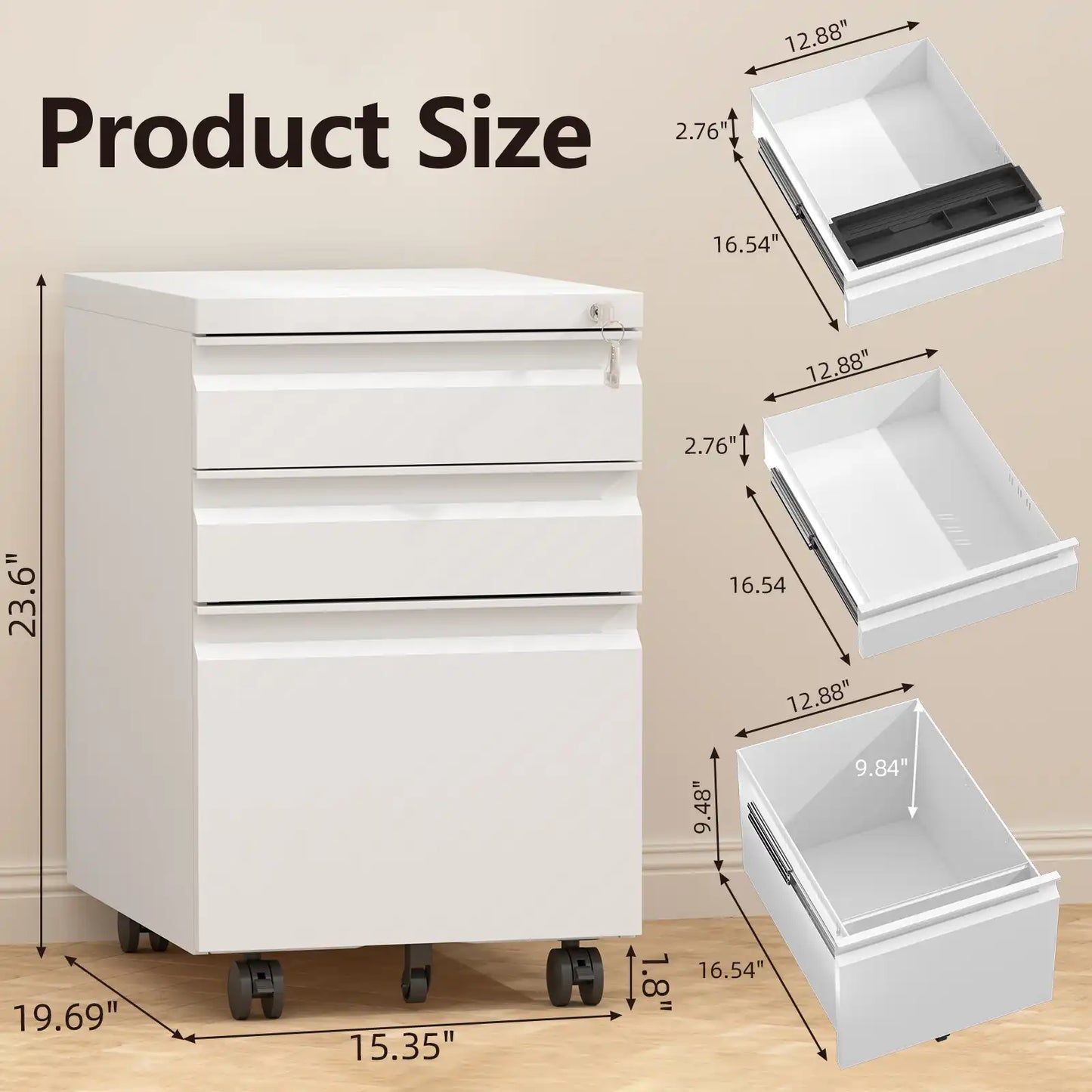 3 Drawer Metal Mobile File Cabinet with Lock 2 #white