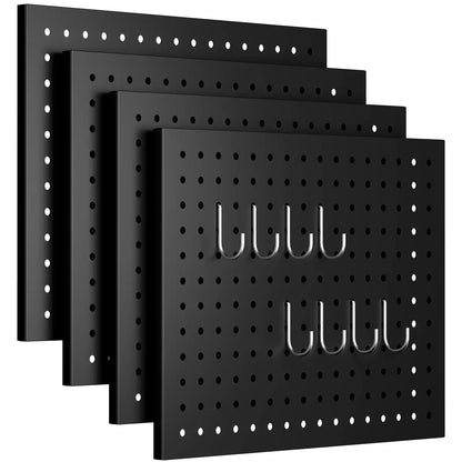 Four pack heavy duty black metal pegboard panels with hooks for garage wall tool storage.
