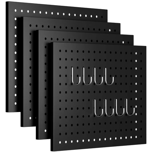 Four pack heavy duty black metal pegboard panels with hooks for garage wall tool storage. #Starter