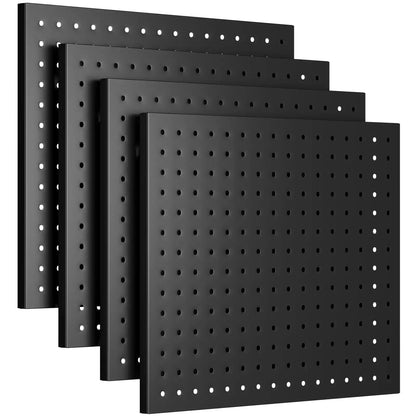 Four pack heavy duty black metal pegboard panels for garage wall tool storage.