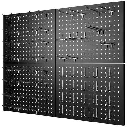 Four black metal pegboard panels installed on a wall with various steel hooks attached. Deluxe