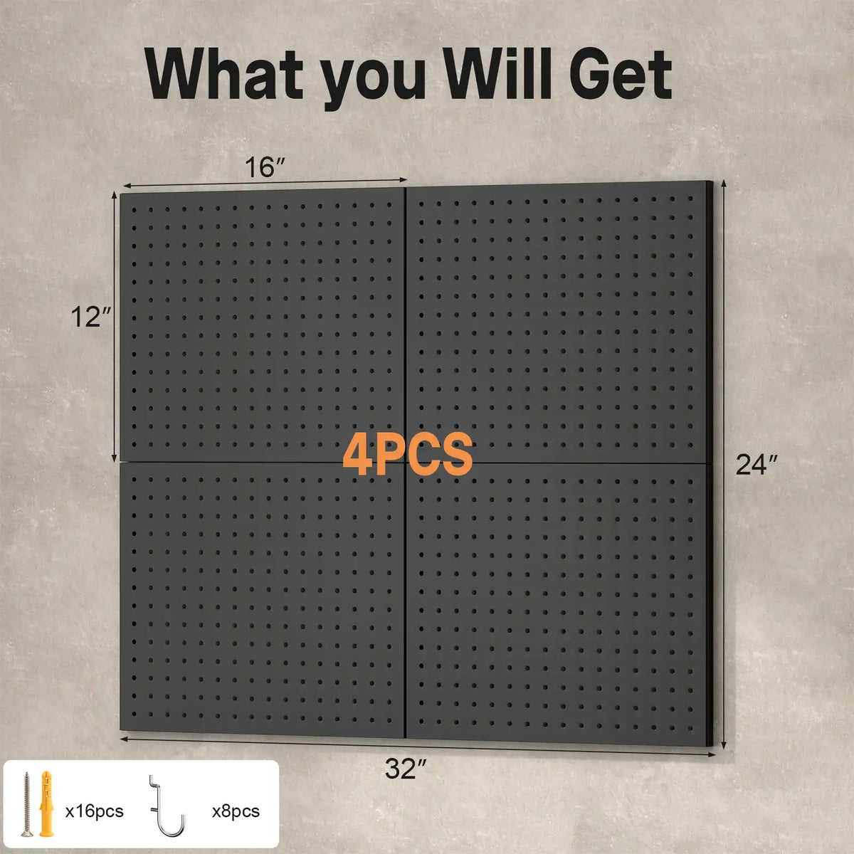 Dimension diagram showing four black metal pegboard panels assembling into a grid with mounting hardware. #Starter