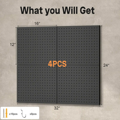 Dimension diagram showing four black metal pegboard panels assembling into a grid with mounting hardware.