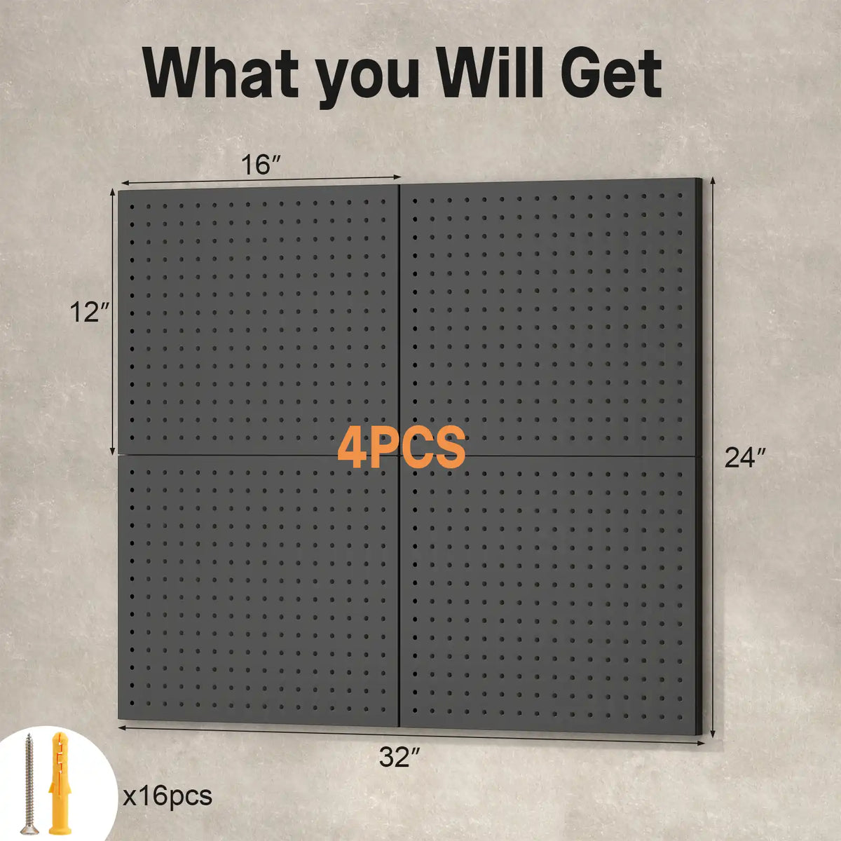 Dimension chart showing four black metal pegboard panels assembling into a thirty-two by twenty-four inch grid with mounting screws.