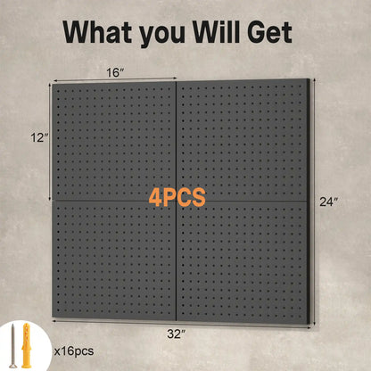 Dimension chart showing four black metal pegboard panels assembling into a thirty-two by twenty-four inch grid with mounting screws.