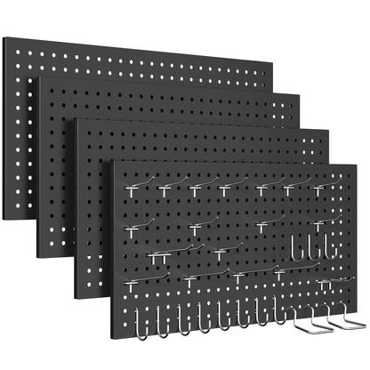 Four black steel organizer grids with eight metal hanging hooks for garage wall storage.