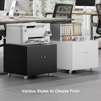 GREATMEET Metal Printer Stand with Storage Mobile Printer Tables for Small Spaces with Door Adjustable Shelf White File Cabinet on Wheels for Home Office