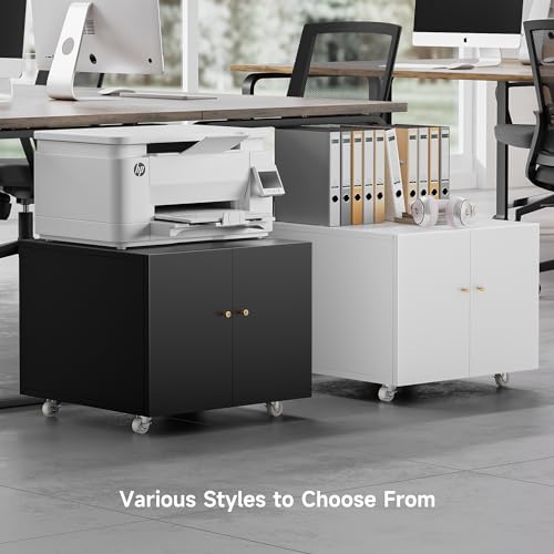 GREATMEET Metal Printer Stand with Storage Mobile Printer Tables for Small Spaces with Door Adjustable Shelf White File Cabinet on Wheels for Home Office