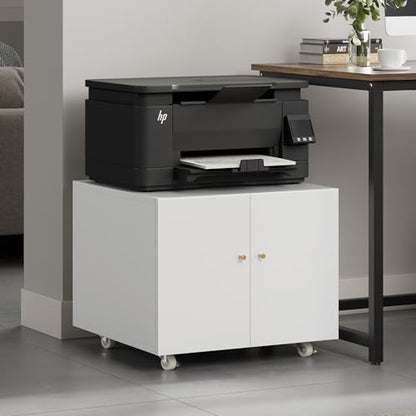 GREATMEET Metal Printer Stand with Storage Mobile Printer Tables for Small Spaces with Door Adjustable Shelf White File Cabinet on Wheels for Home Office