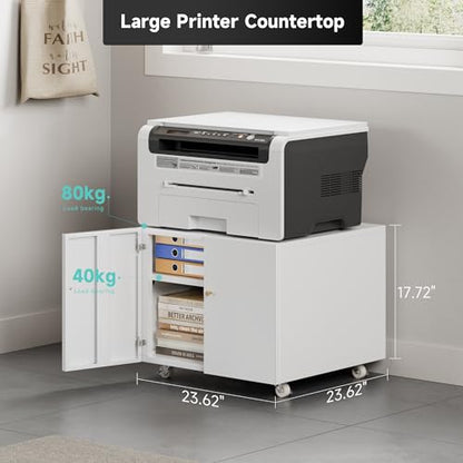 GREATMEET Metal Printer Stand with Storage Mobile Printer Tables for Small Spaces with Door Adjustable Shelf White File Cabinet on Wheels for Home Office