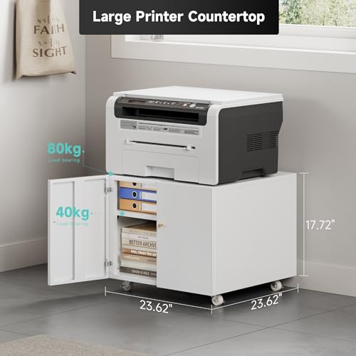 GREATMEET Metal Printer Stand with Storage Mobile Printer Tables for Small Spaces with Door Adjustable Shelf White File Cabinet on Wheels for Home Office