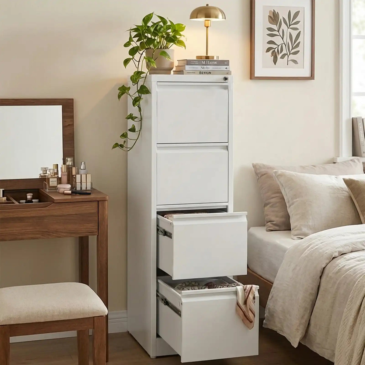 4 Drawer Metal File Cabinet with Lock Bedroom #white