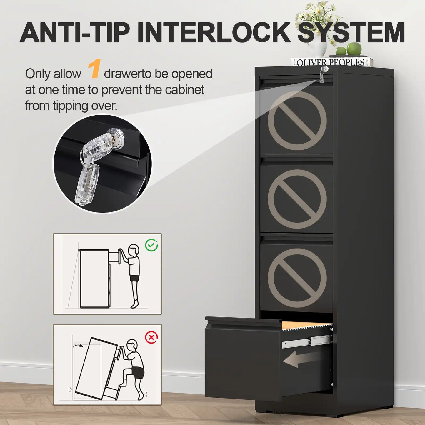 4 Drawer Metal File Cabinet with Lock Safe #black