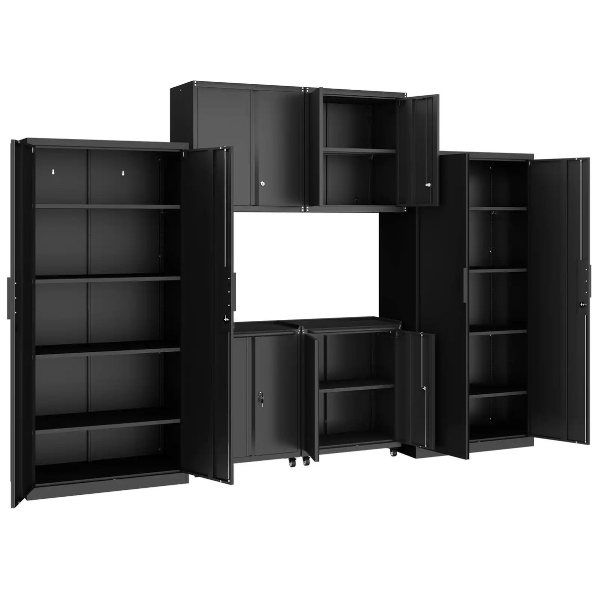 Greatmeet 6-Piece Garage Cabinet System, Heavy Duty Steel Storage Cabinet with Tall Lockers, Wall Cabinets & Rolling Carts