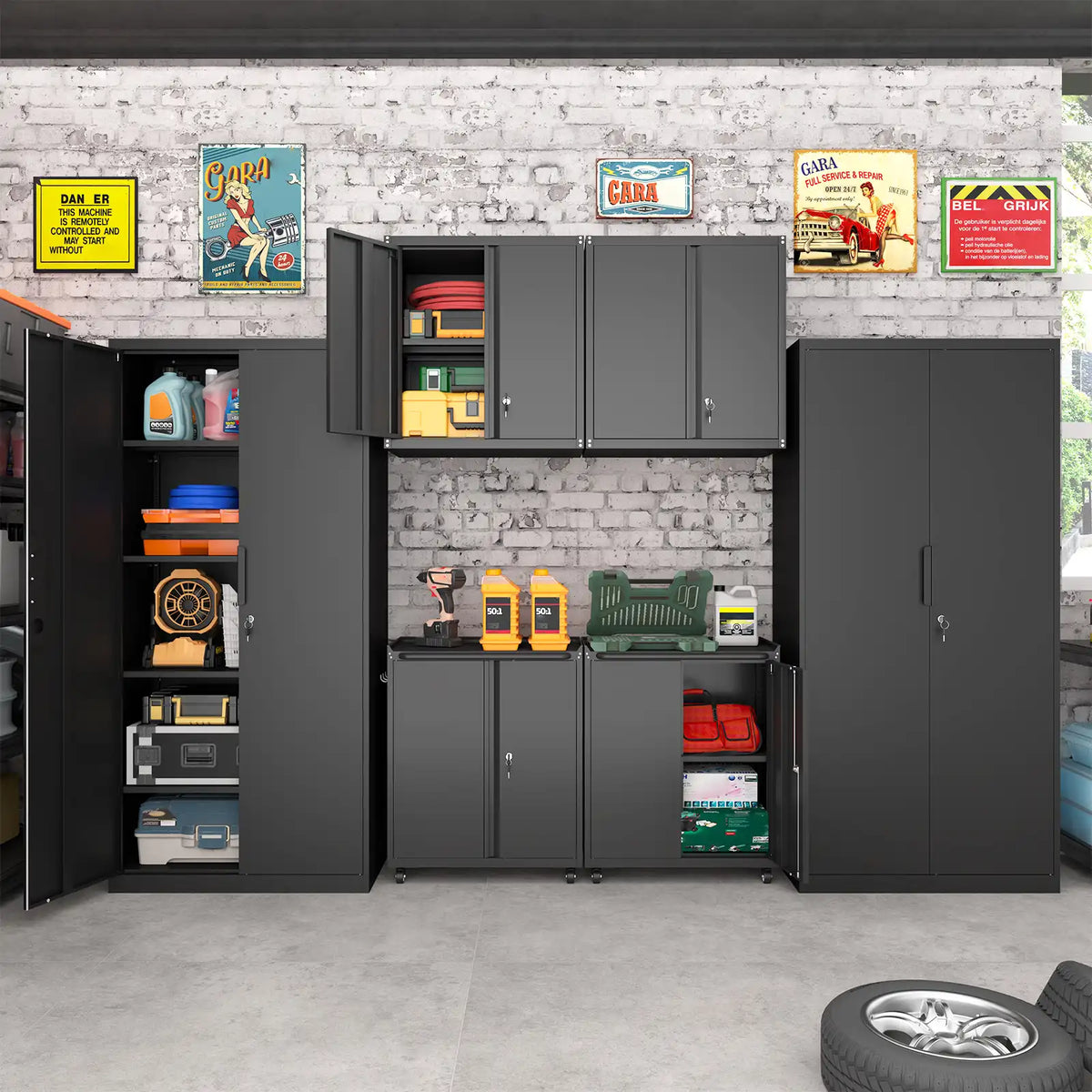 Greatmeet 6-Piece Garage Cabinet System, Heavy Duty Steel Storage Cabinet with Tall Lockers, Wall Cabinets & Rolling Carts