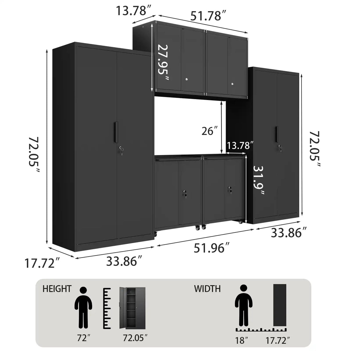 Greatmeet 6-Piece Garage Cabinet System, Heavy Duty Steel Storage Cabinet with Tall Lockers, Wall Cabinets & Rolling Carts