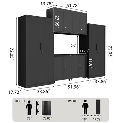 Greatmeet 6-Piece Garage Cabinet System, Heavy Duty Steel Storage Cabinet with Tall Lockers, Wall Cabinets & Rolling Carts