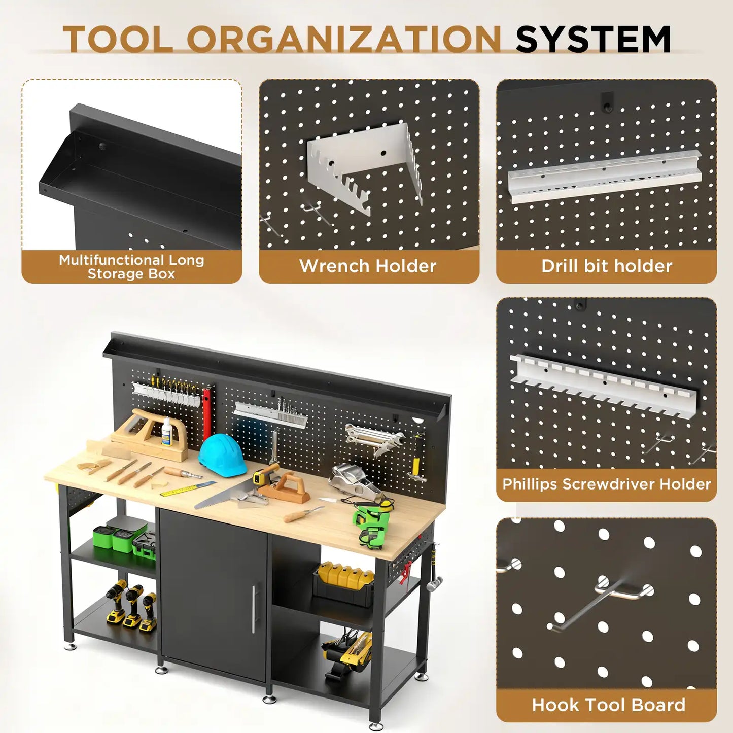 Greatmeet 60 Inch Heavy Duty Workbench with Storage Cabinet, Solid Wood Top, Pegboard and Power Outlet, 2000 lbs Capacity, Garage Workshop Table with Leveling Feet