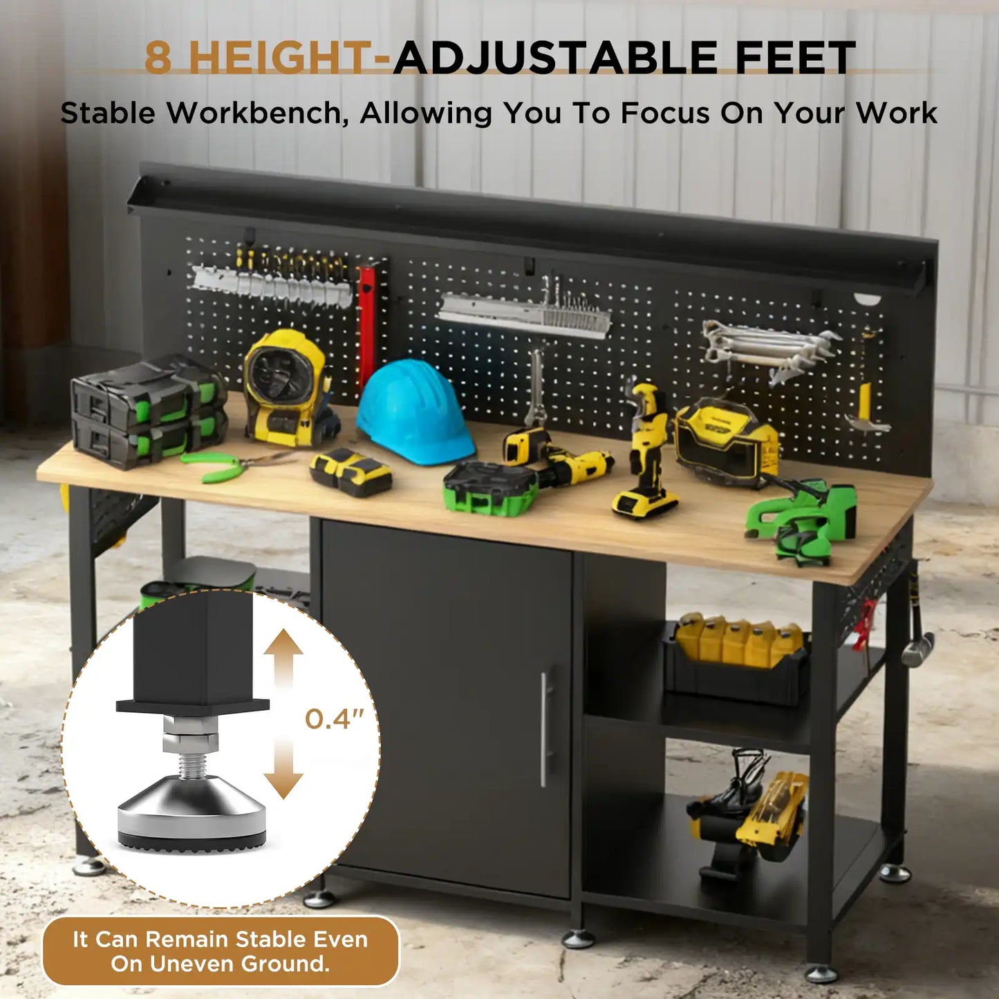 Greatmeet 60 Inch Heavy Duty Workbench with Storage Cabinet, Solid Wood Top, Pegboard and Power Outlet, 2000 lbs Capacity, Garage Workshop Table with Leveling Feet