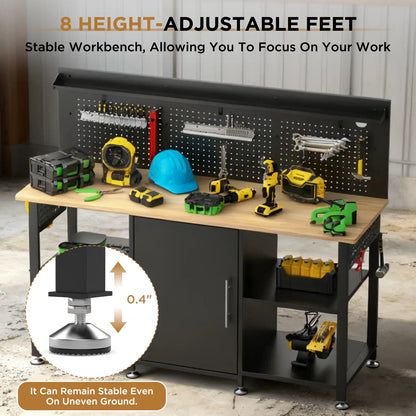 Greatmeet 60 Inch Heavy Duty Workbench with Storage Cabinet, Solid Wood Top, Pegboard and Power Outlet, 2000 lbs Capacity, Garage Workshop Table with Leveling Feet