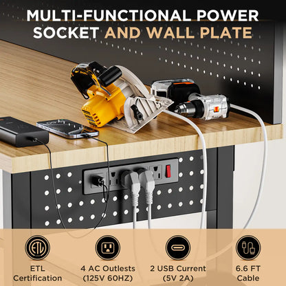 Greatmeet 60 Inch Heavy Duty Workbench with Storage Cabinet, Solid Wood Top, Pegboard and Power Outlet, 2000 lbs Capacity, Garage Workshop Table with Leveling Feet