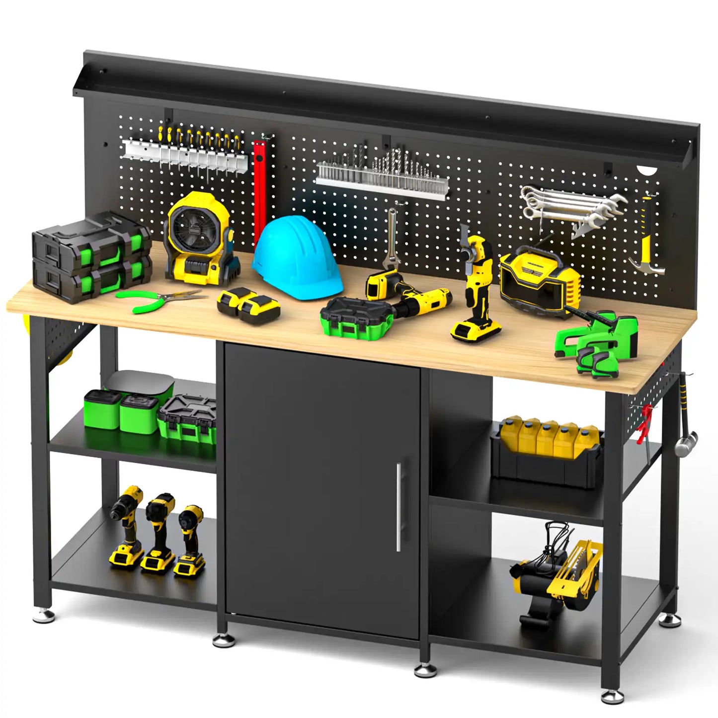 Greatmeet 60 Inch Heavy Duty Workbench with Storage Cabinet, Solid Wood Top, Pegboard and Power Outlet, 2000 lbs Capacity, Garage Workshop Table with Leveling Feet