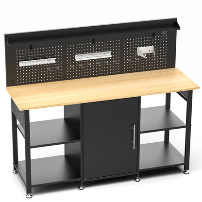 Greatmeet 60 Inch Heavy Duty Workbench with Storage Cabinet, Solid Wood Top, Pegboard and Power Outlet, 2000 lbs Capacity, Garage Workshop Table with Leveling Feet