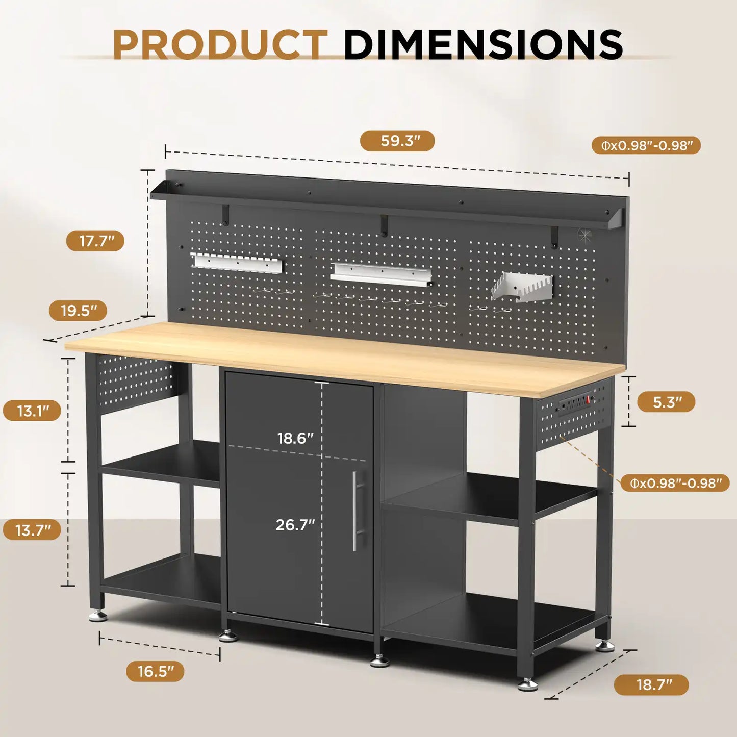 Greatmeet 60 Inch Heavy Duty Workbench with Storage Cabinet, Solid Wood Top, Pegboard and Power Outlet, 2000 lbs Capacity, Garage Workshop Table with Leveling Feet