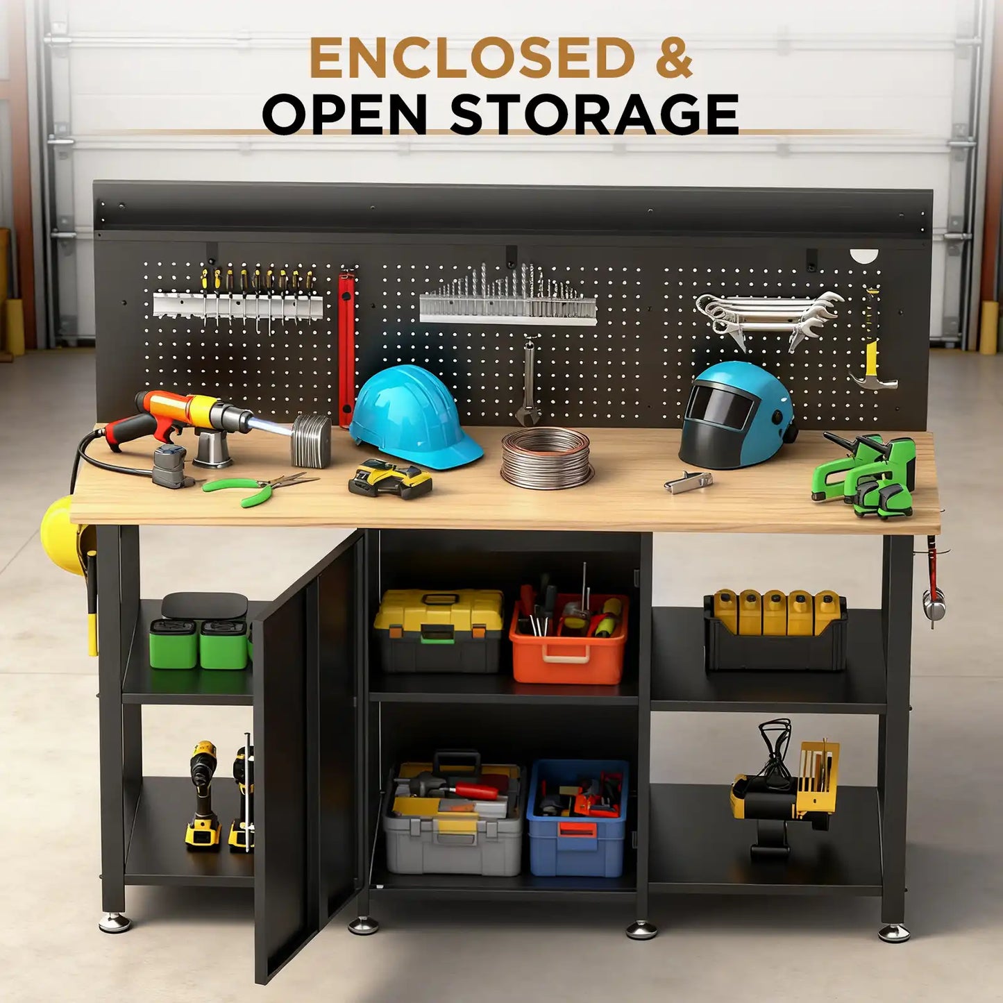 Greatmeet 60 Inch Heavy Duty Workbench with Storage Cabinet, Solid Wood Top, Pegboard and Power Outlet, 2000 lbs Capacity, Garage Workshop Table with Leveling Feet