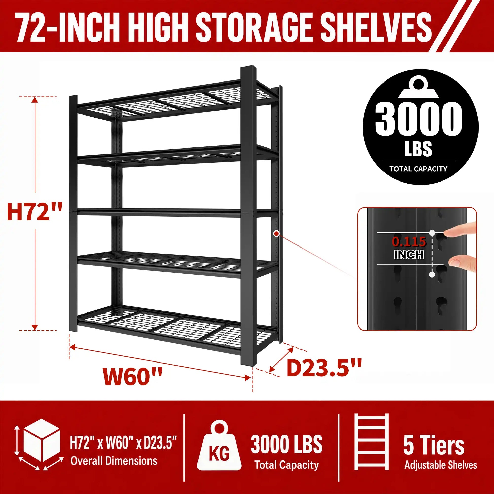 Greatmeet 60" W 5-Tier Heavy Duty Metal Wire Shelving, 3000LBS Capacity Industrial Storage Racks