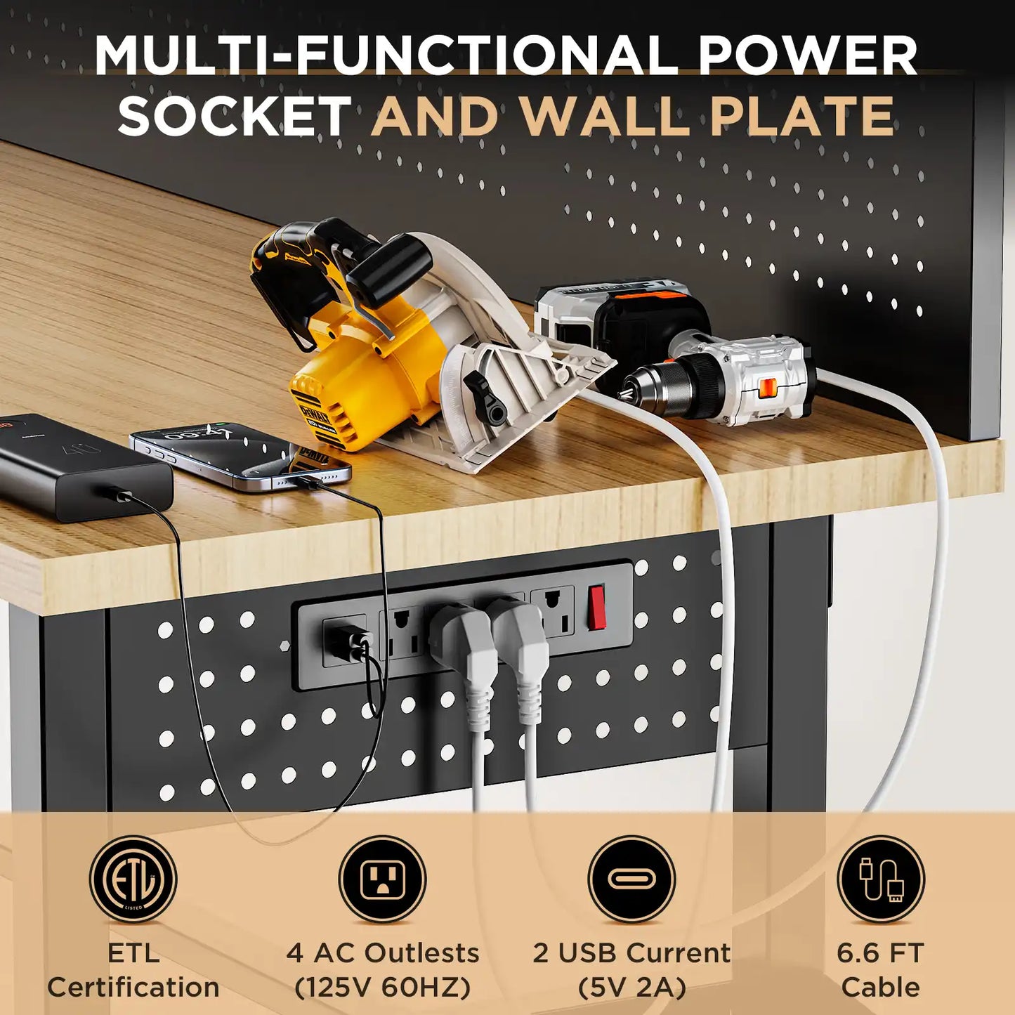 Greatmeet 60" H Adjustable Workbench with Drawers, Height Heavy Duty Solid Wood Top, 2000 LBS Capacity, Power Outlets & LED Light, Rolling Garage Workstation with Pegboard and Leveling Feet