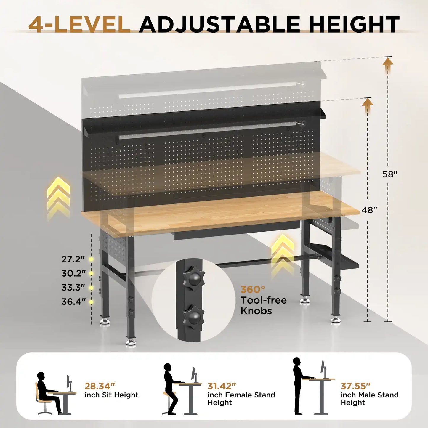 Greatmeet 60" H Adjustable Workbench with Drawers, Height Heavy Duty Solid Wood Top, 2000 LBS Capacity, Power Outlets & LED Light, Rolling Garage Workstation with Pegboard and Leveling Feet