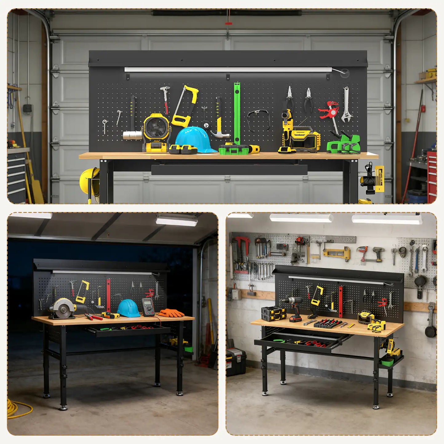 Greatmeet 60" H Adjustable Workbench with Drawers, Height Heavy Duty Solid Wood Top, 2000 LBS Capacity, Power Outlets & LED Light, Rolling Garage Workstation with Pegboard and Leveling Feet