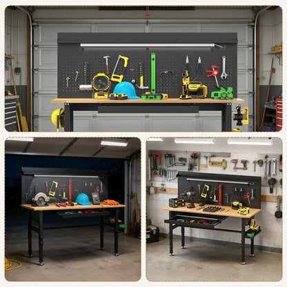 Greatmeet 60" H Adjustable Workbench with Drawers, Height Heavy Duty Solid Wood Top, 2000 LBS Capacity, Power Outlets & LED Light, Rolling Garage Workstation with Pegboard and Leveling Feet