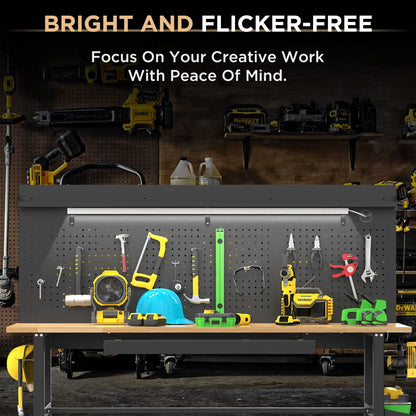 Greatmeet 60" H Adjustable Workbench with Drawers, Height Heavy Duty Solid Wood Top, 2000 LBS Capacity, Power Outlets & LED Light, Rolling Garage Workstation with Pegboard and Leveling Feet