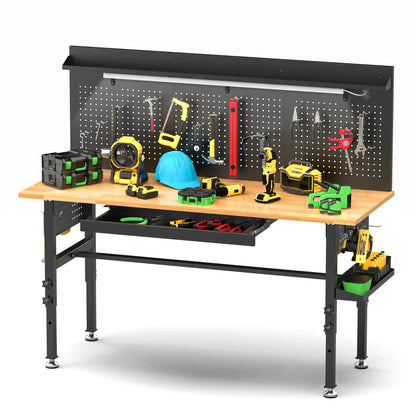 Greatmeet 60" H Adjustable Workbench with Drawers, Height Heavy Duty Solid Wood Top, 2000 LBS Capacity, Power Outlets & LED Light, Rolling Garage Workstation with Pegboard and Leveling Feet