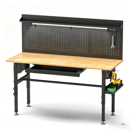 Greatmeet 60" H Adjustable Workbench with Drawers, Height Heavy Duty Solid Wood Top, 2000 LBS Capacity, Power Outlets & LED Light, Rolling Garage Workstation with Pegboard and Leveling Feet