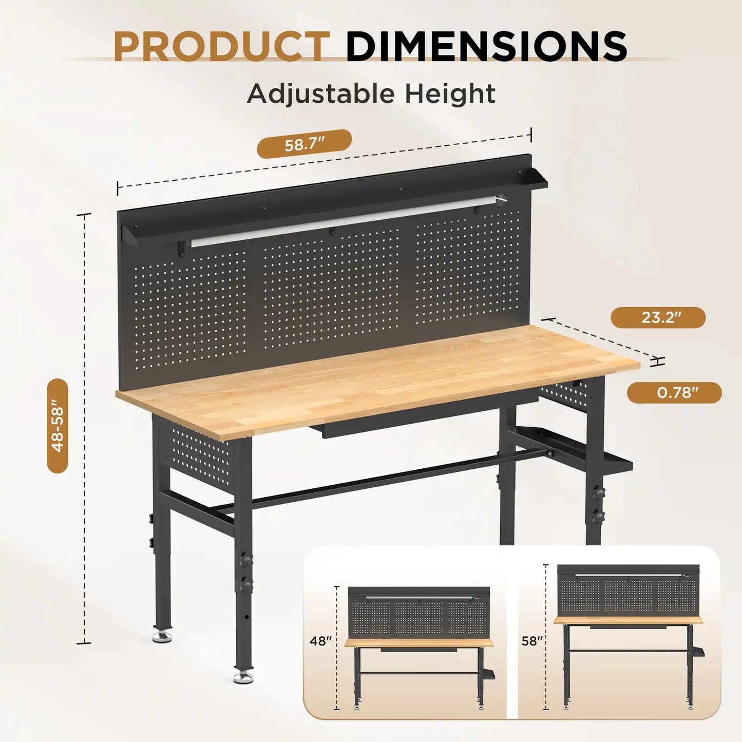 Greatmeet 60" H Adjustable Workbench with Drawers, Height Heavy Duty Solid Wood Top, 2000 LBS Capacity, Power Outlets & LED Light, Rolling Garage Workstation with Pegboard and Leveling Feet