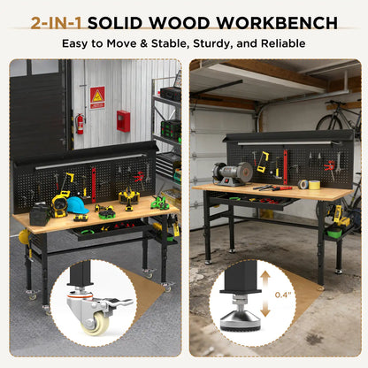 Greatmeet 60" H Adjustable Workbench with Drawers, Height Heavy Duty Solid Wood Top, 2000 LBS Capacity, Power Outlets & LED Light, Rolling Garage Workstation with Pegboard and Leveling Feet