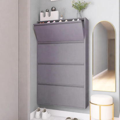 GREATMEET Shoe Storage Cabinet with 3 Flip Drawers, Wall Mount Metal Shoe Organizer for Entryway, Flip Drawer Steel Shoe Rack Cabinet for Indoor Shoe Storage